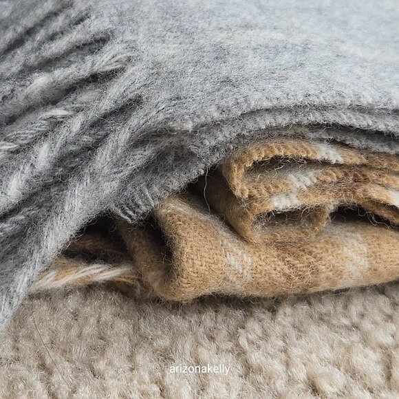 NWOT Bronte By Moon Merino Wool Wrap Plaid Tan Brown & Grey - Picture 15 of 16